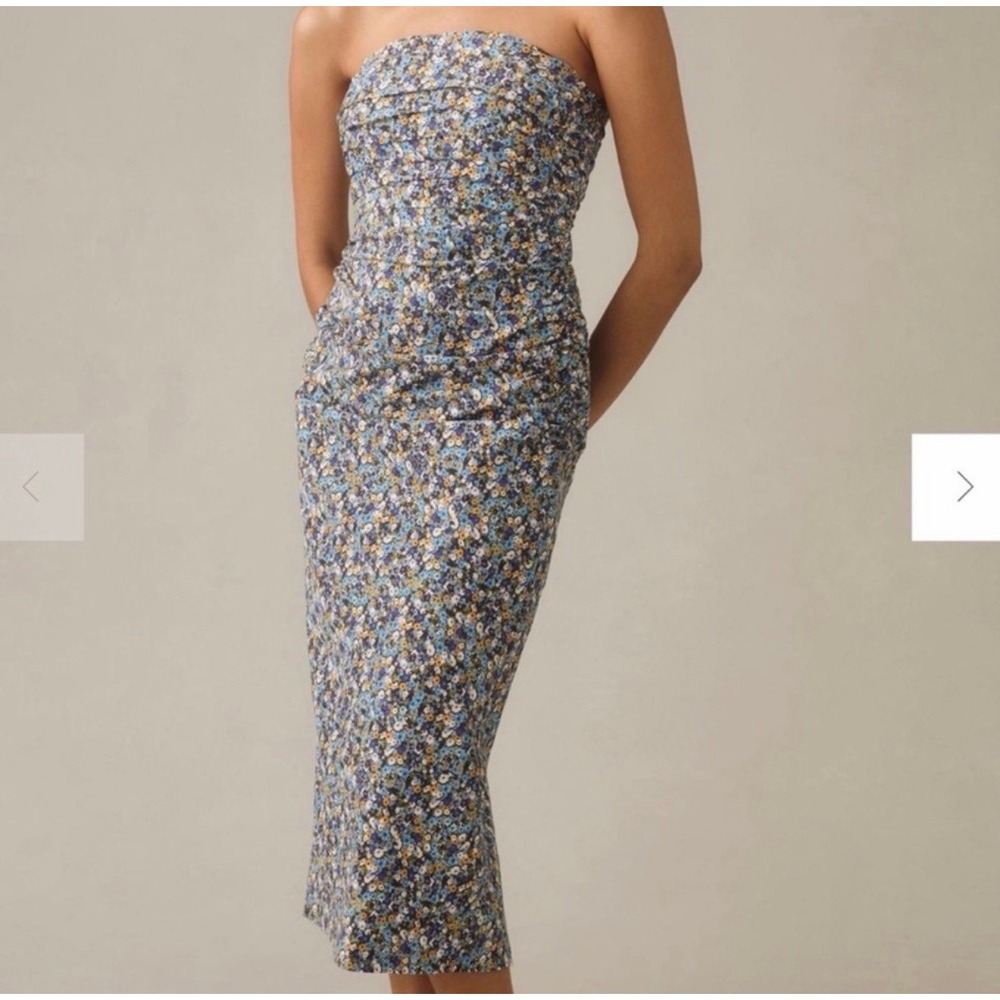 Anthropologie The Soleil Slim Strapless Blue Floral Dress Midi